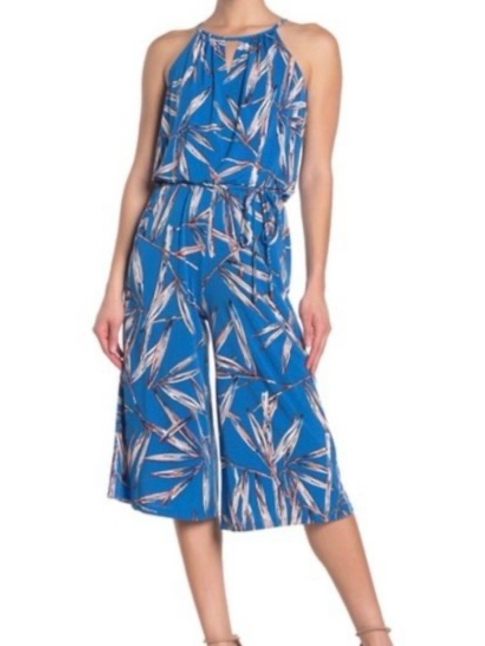 London Times Blue Printed Halter Midi Dress